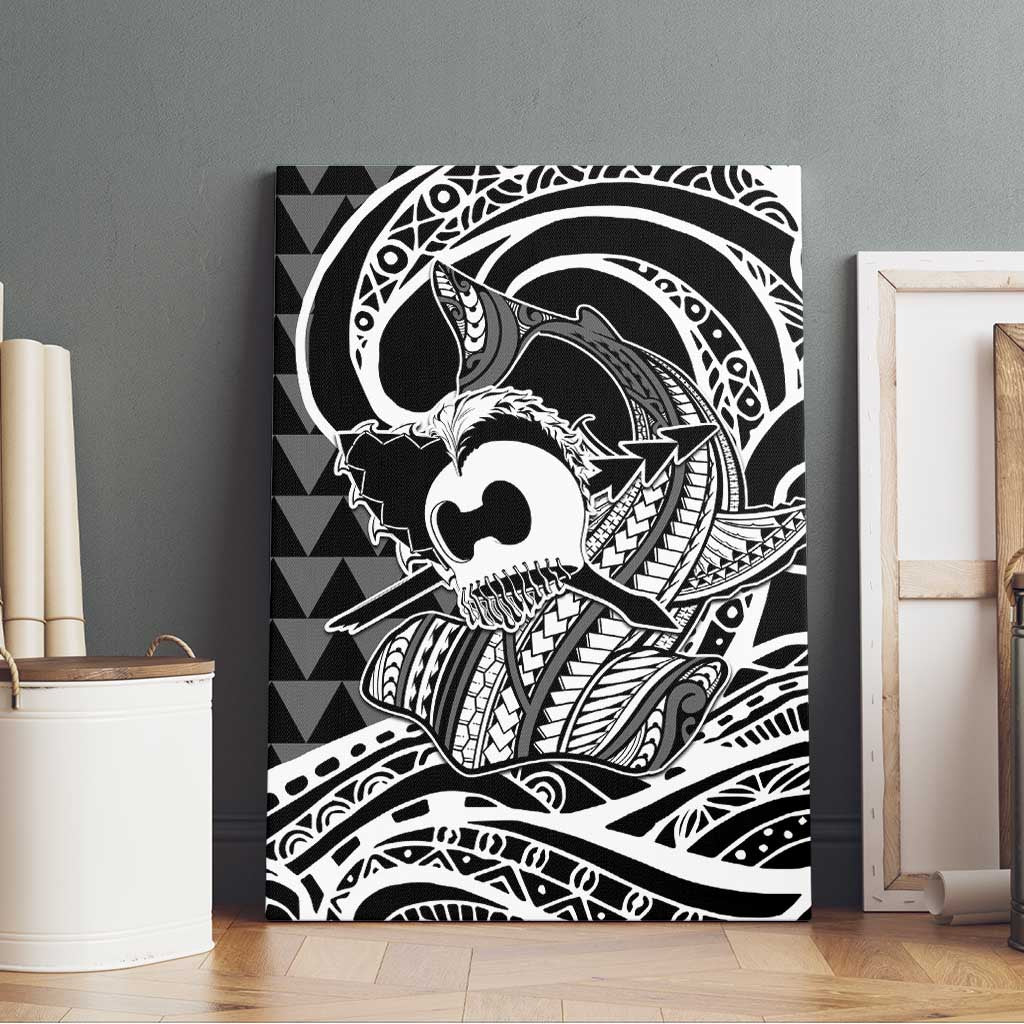 Koa Ikaika Warrior Helmet with Shark Canvas Wall Art Black Kakau Style LT9 - Polynesian Pride