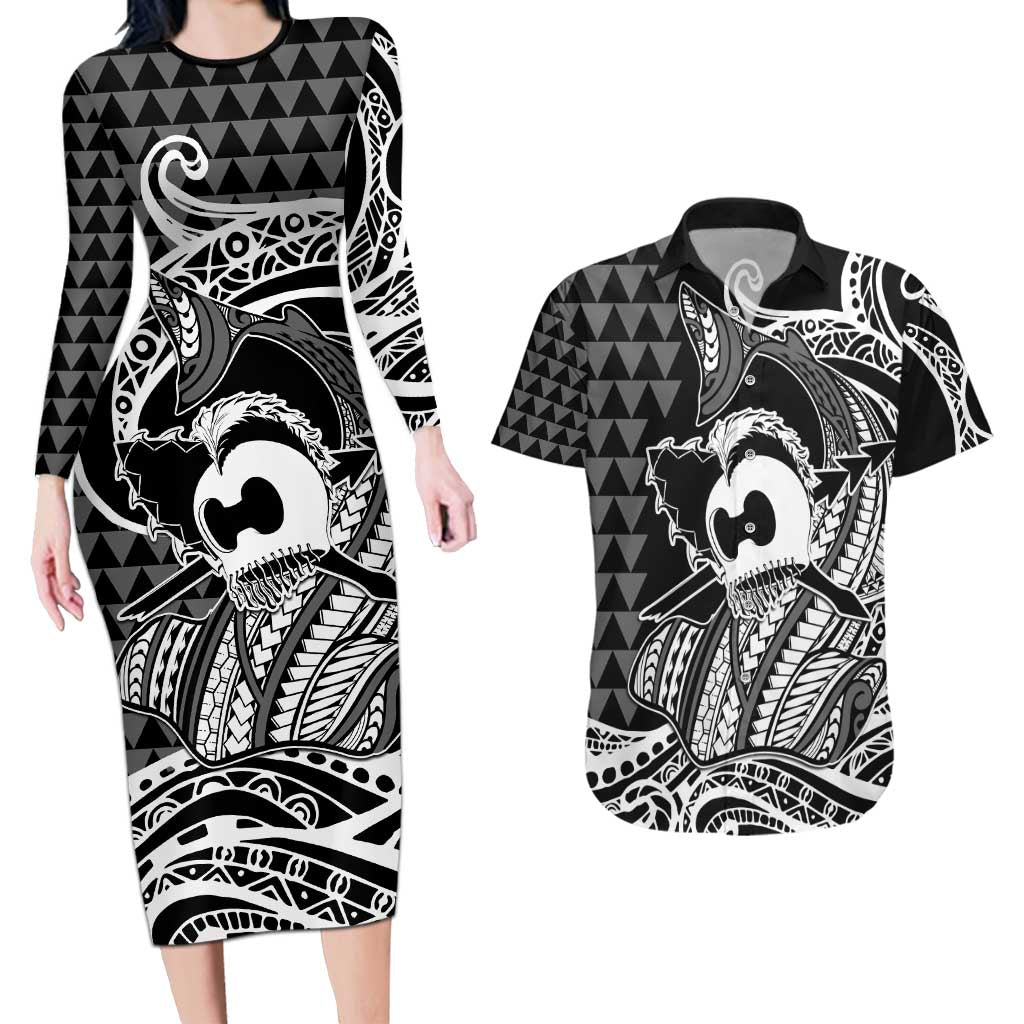 Koa Ikaika Warrior Helmet with Shark Couples Matching Long Sleeve Bodycon Dress and Hawaiian Shirt Black Kakau Style