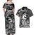 Koa Ikaika Warrior Helmet with Shark Couples Matching Off Shoulder Maxi Dress and Hawaiian Shirt Black Kakau Style