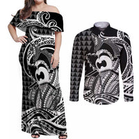 Koa Ikaika Warrior Helmet with Shark Couples Matching Off Shoulder Maxi Dress and Long Sleeve Button Shirt Black Kakau Style LT9 Black - Polynesian Pride
