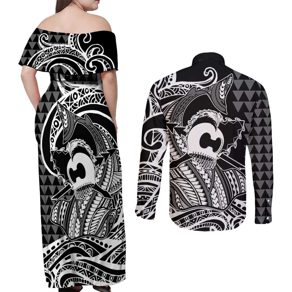 Koa Ikaika Warrior Helmet with Shark Couples Matching Off Shoulder Maxi Dress and Long Sleeve Button Shirt Black Kakau Style LT9 - Polynesian Pride