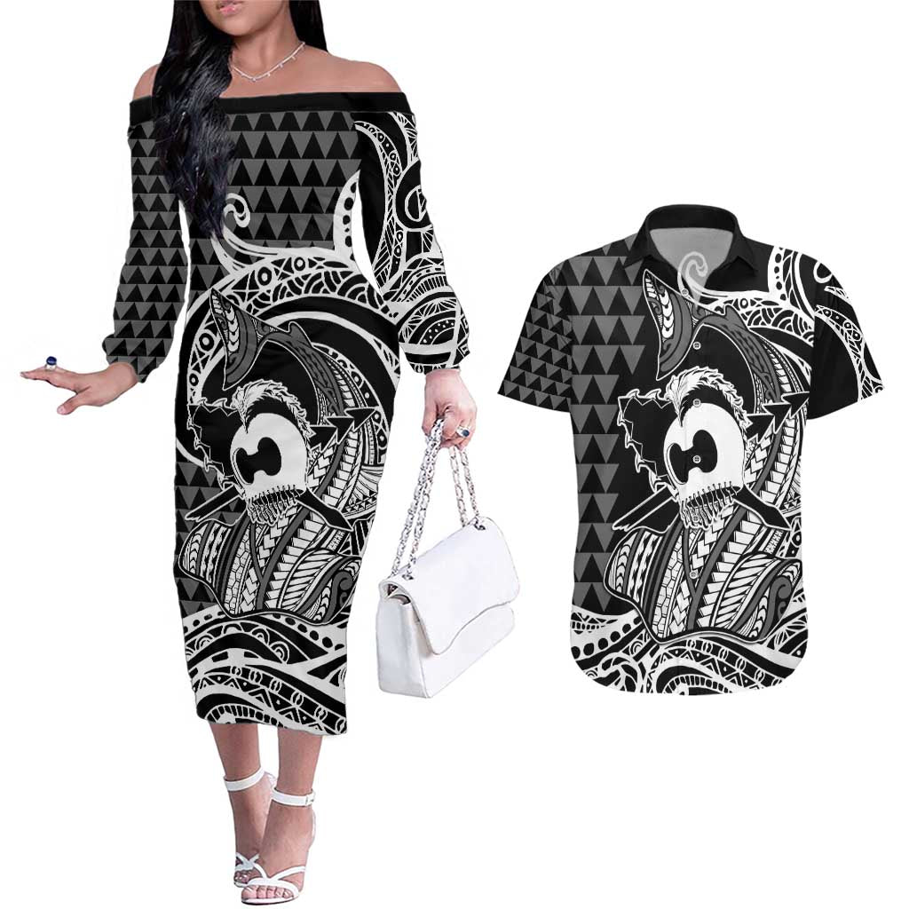 Koa Ikaika Warrior Helmet with Shark Couples Matching Off The Shoulder Long Sleeve Dress and Hawaiian Shirt Black Kakau Style