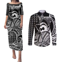 Koa Ikaika Warrior Helmet with Shark Couples Matching Puletasi and Long Sleeve Button Shirt Black Kakau Style LT9 Black - Polynesian Pride