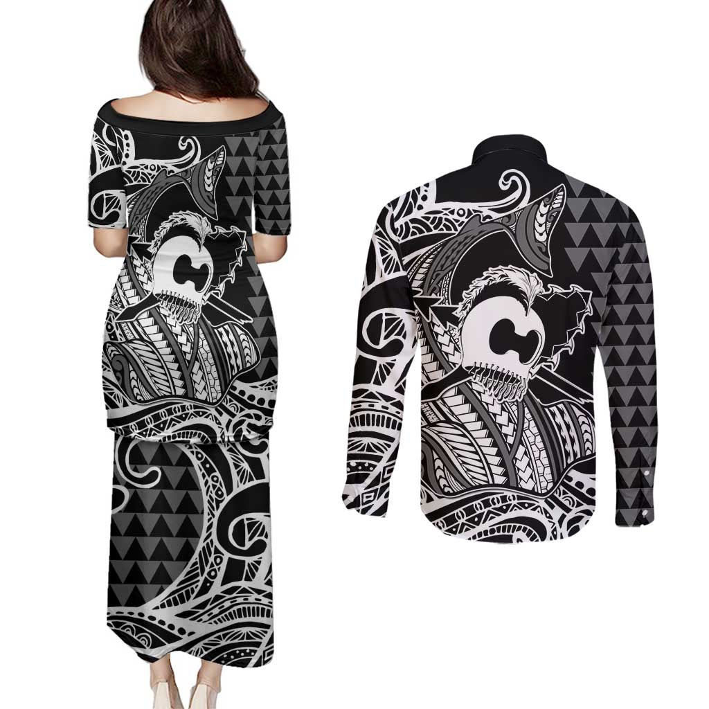 Koa Ikaika Warrior Helmet with Shark Couples Matching Puletasi and Long Sleeve Button Shirt Black Kakau Style LT9 - Polynesian Pride