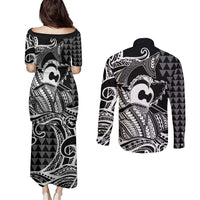 Koa Ikaika Warrior Helmet with Shark Couples Matching Puletasi and Long Sleeve Button Shirt Black Kakau Style LT9 - Polynesian Pride