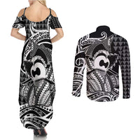 Koa Ikaika Warrior Helmet with Shark Couples Matching Summer Maxi Dress and Long Sleeve Button Shirt Black Kakau Style LT9 - Polynesian Pride