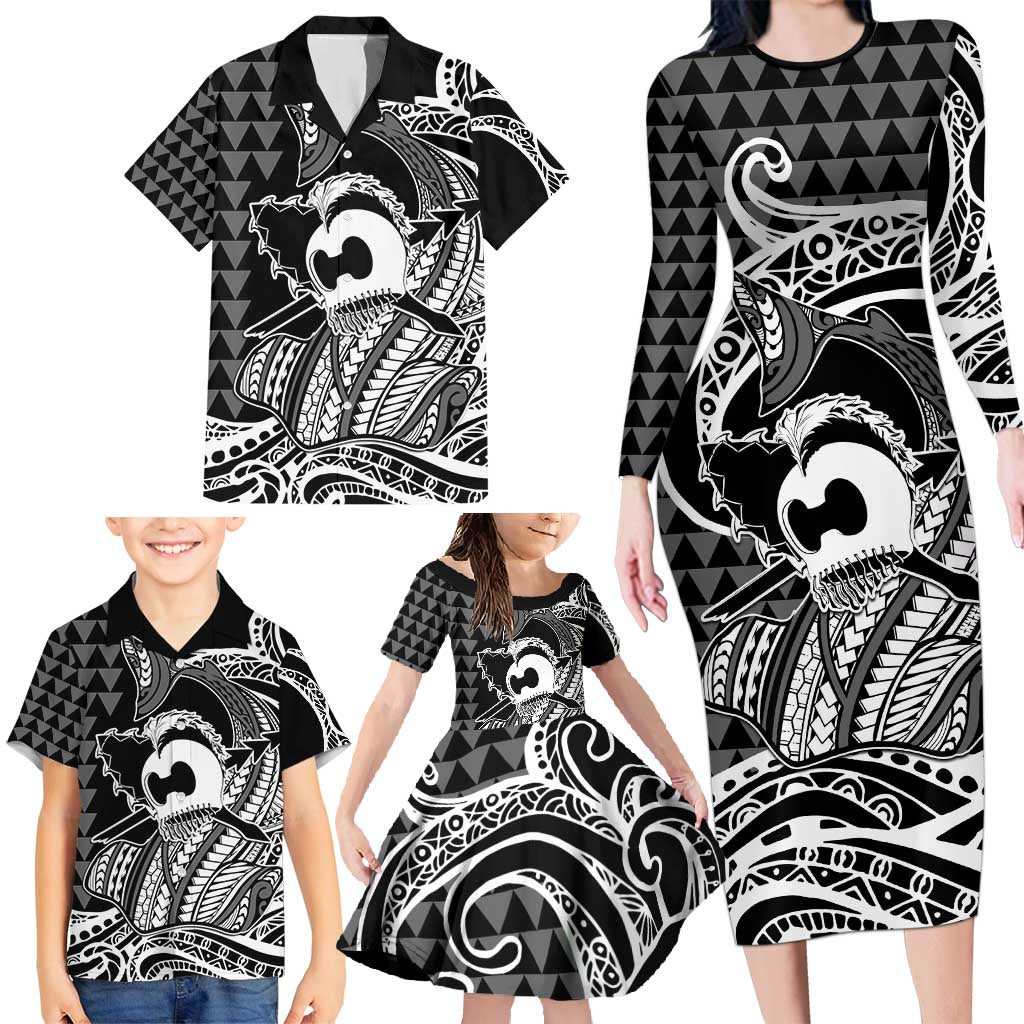 Koa Ikaika Warrior Helmet with Shark Family Matching Long Sleeve Bodycon Dress and Hawaiian Shirt Black Kakau Style