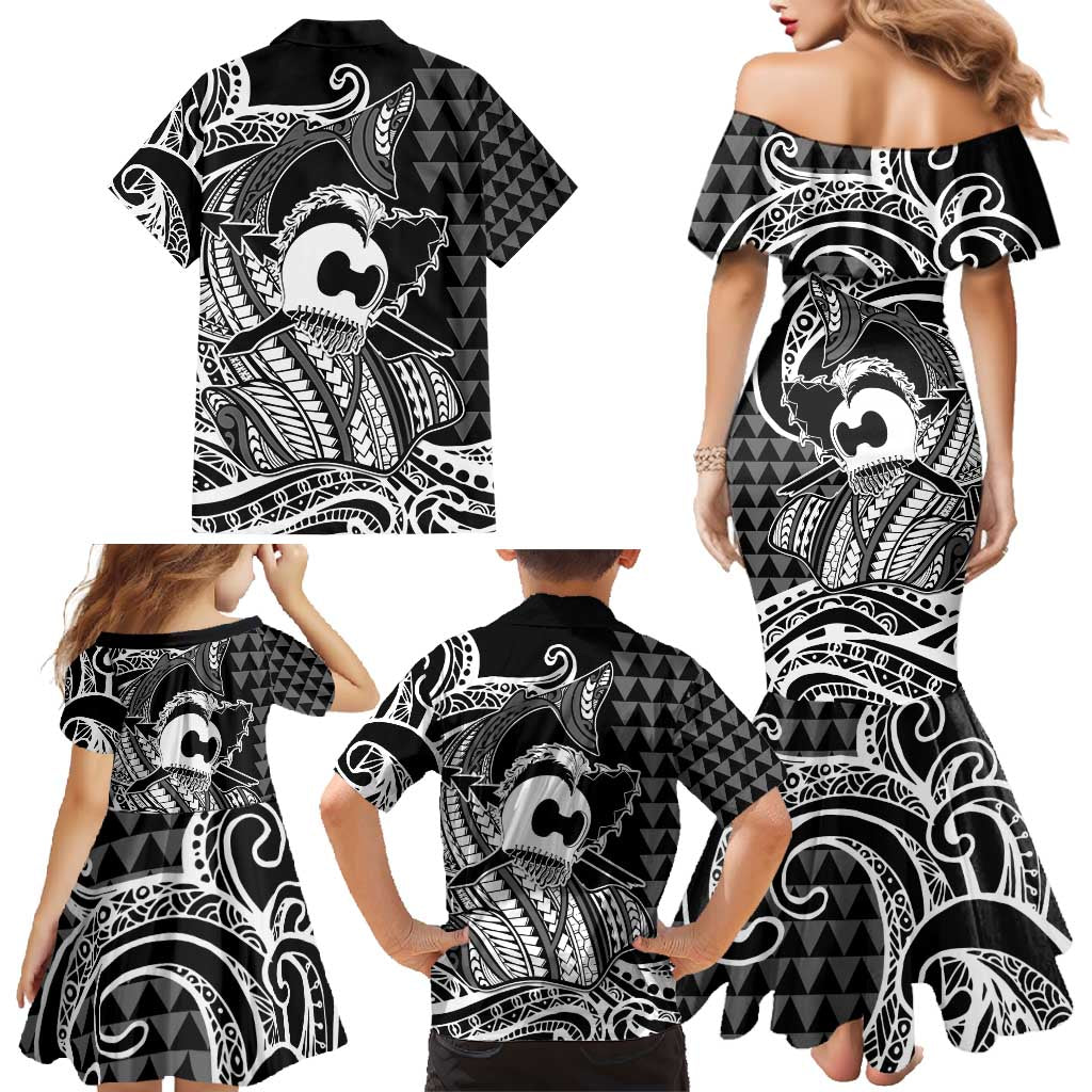 Koa Ikaika Warrior Helmet with Shark Family Matching Mermaid Dress and Hawaiian Shirt Black Kakau Style