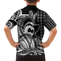 Koa Ikaika Warrior Helmet with Shark Family Matching Off The Shoulder Long Sleeve Dress and Hawaiian Shirt Black Kakau Style