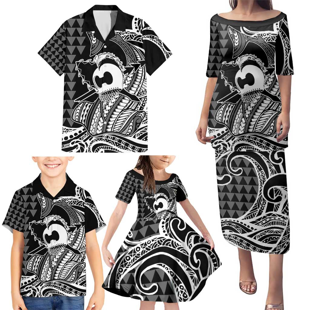 Koa Ikaika Warrior Helmet with Shark Family Matching Puletasi and Hawaiian Shirt Black Kakau Style