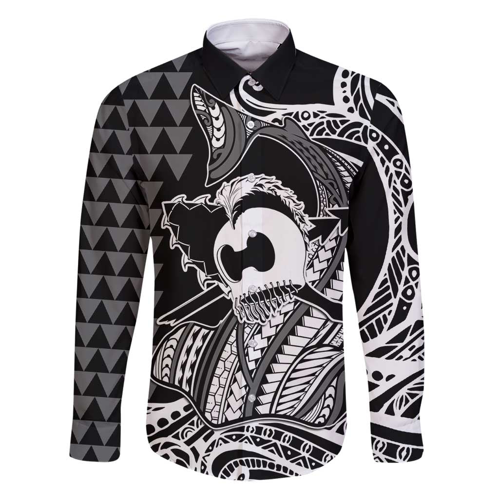 Koa Ikaika Warrior Helmet with Shark Family Matching Tank Maxi Dress and Hawaiian Shirt Black Kakau Style