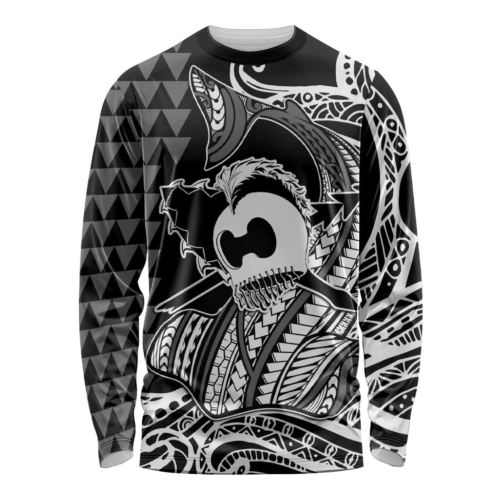 Koa Ikaika Warrior Helmet with Shark Long Sleeve Shirt Black Kakau Style