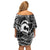 Koa Ikaika Warrior Helmet with Shark Off Shoulder Short Dress Black Kakau Style