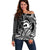 Koa Ikaika Warrior Helmet with Shark Off Shoulder Sweater Black Kakau Style