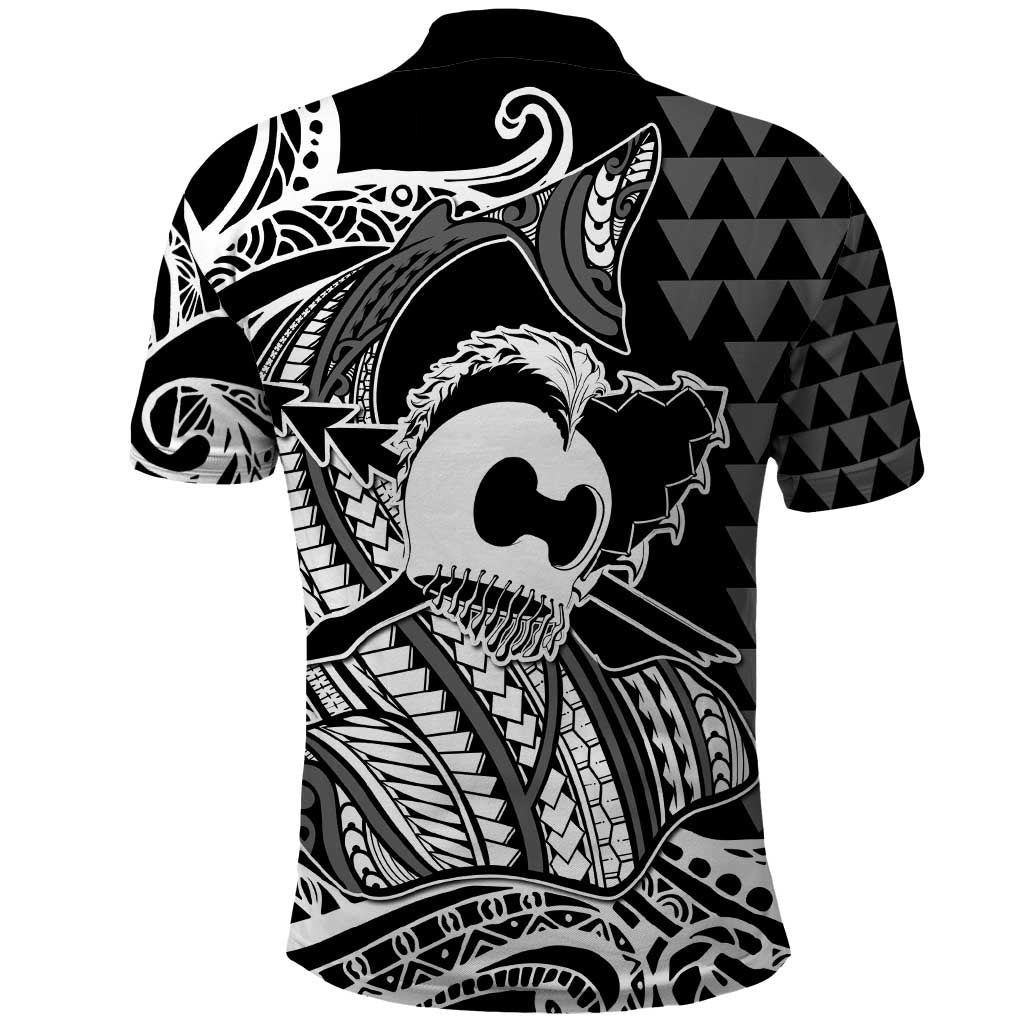 Koa Ikaika Warrior Helmet with Shark Polo Shirt Black Kakau Style