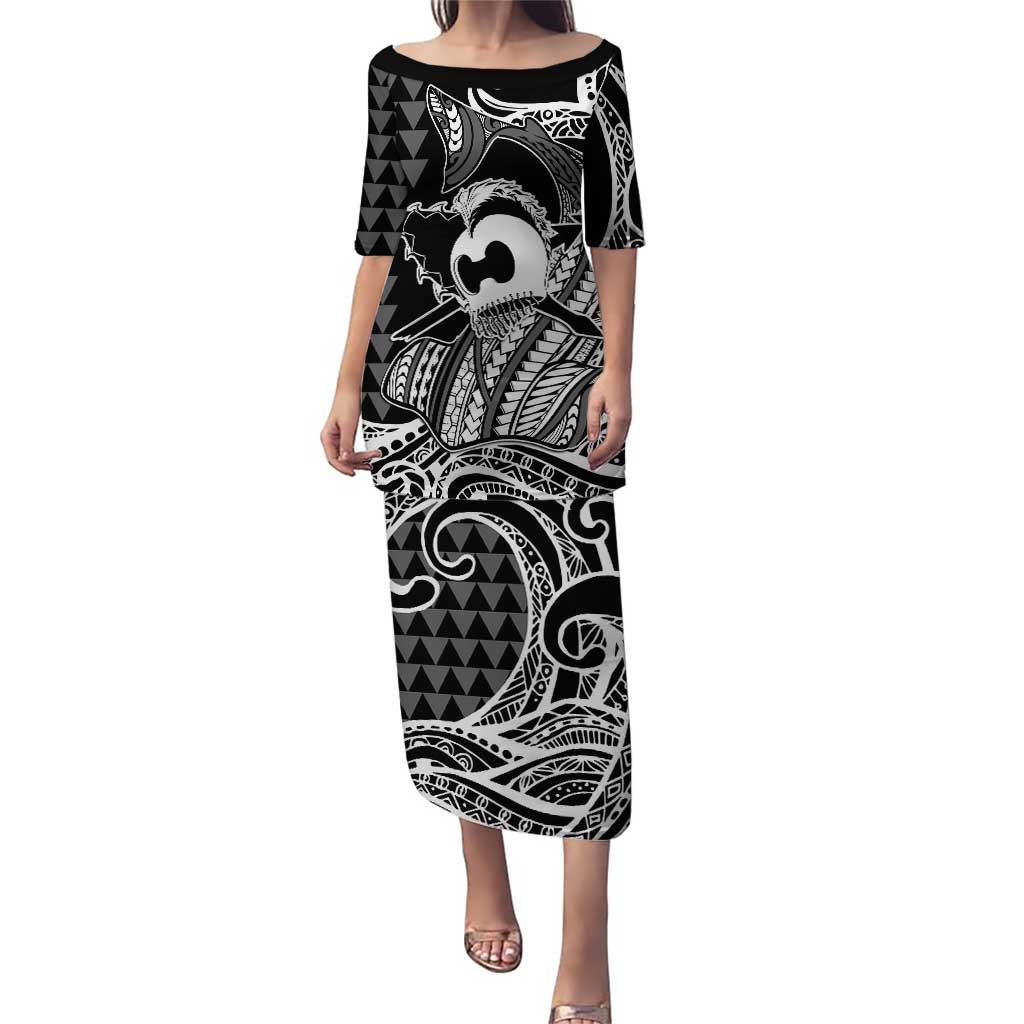 Koa Ikaika Warrior Helmet with Shark Puletasi Black Kakau Style LT9 Long Dress Black - Polynesian Pride