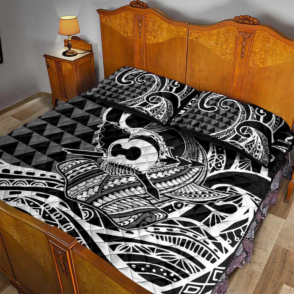 Koa Ikaika Warrior Helmet with Shark Quilt Bed Set Black Kakau Style LT9 - Polynesian Pride