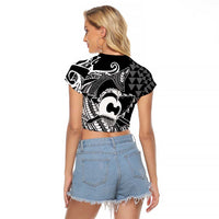 Koa Ikaika Warrior Helmet with Shark Raglan Cropped T Shirt Black Kakau Style LT9 - Polynesian Pride