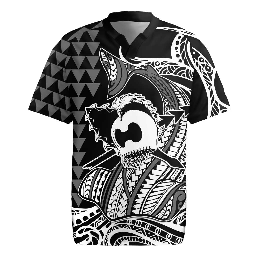 Koa Ikaika Warrior Helmet with Shark Rugby Jersey Black Kakau Style LT9 Black - Polynesian Pride