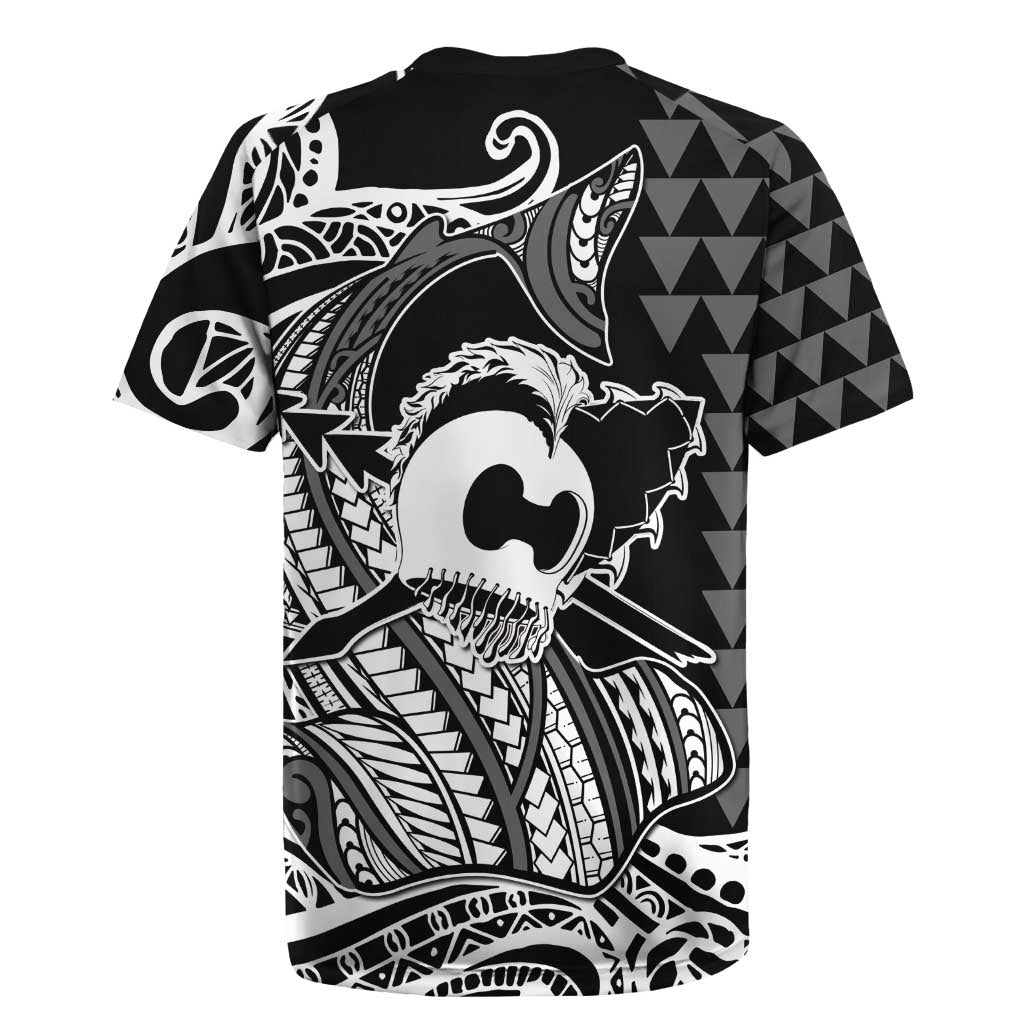 Koa Ikaika Warrior Helmet with Shark Rugby Jersey Black Kakau Style LT9 - Polynesian Pride