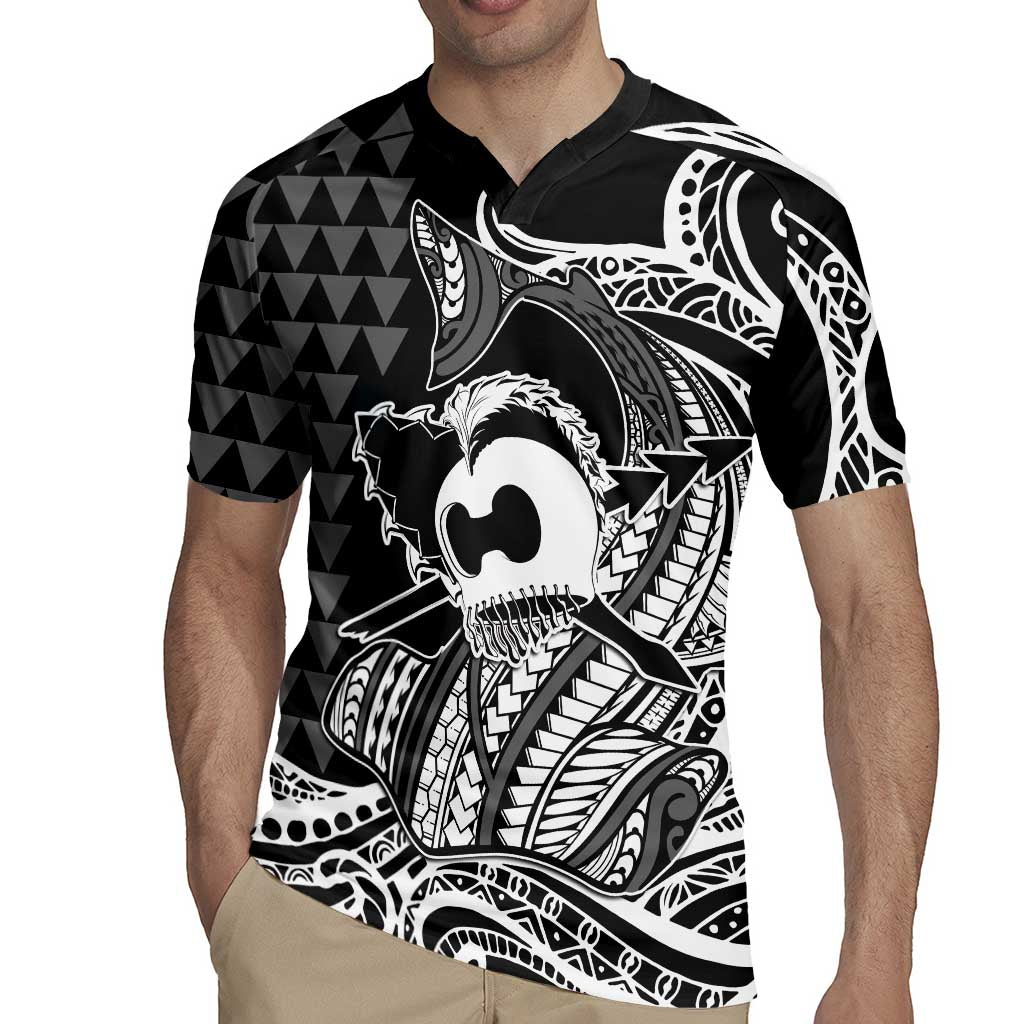 Koa Ikaika Warrior Helmet with Shark Rugby Jersey Black Kakau Style LT9 - Polynesian Pride