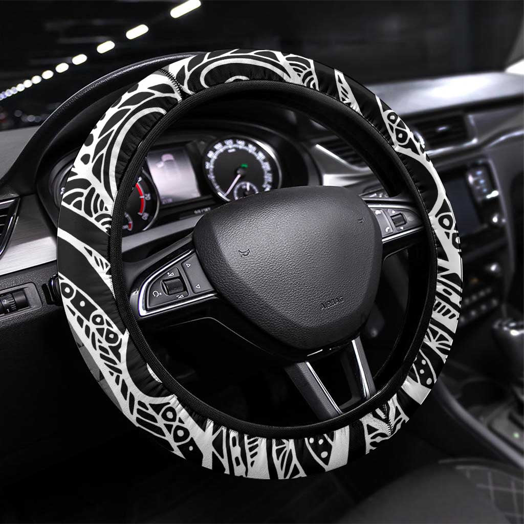 Koa Ikaika Warrior Helmet with Shark Steering Wheel Cover Black Kakau Style LT9 Universal Fit Black - Polynesian Pride