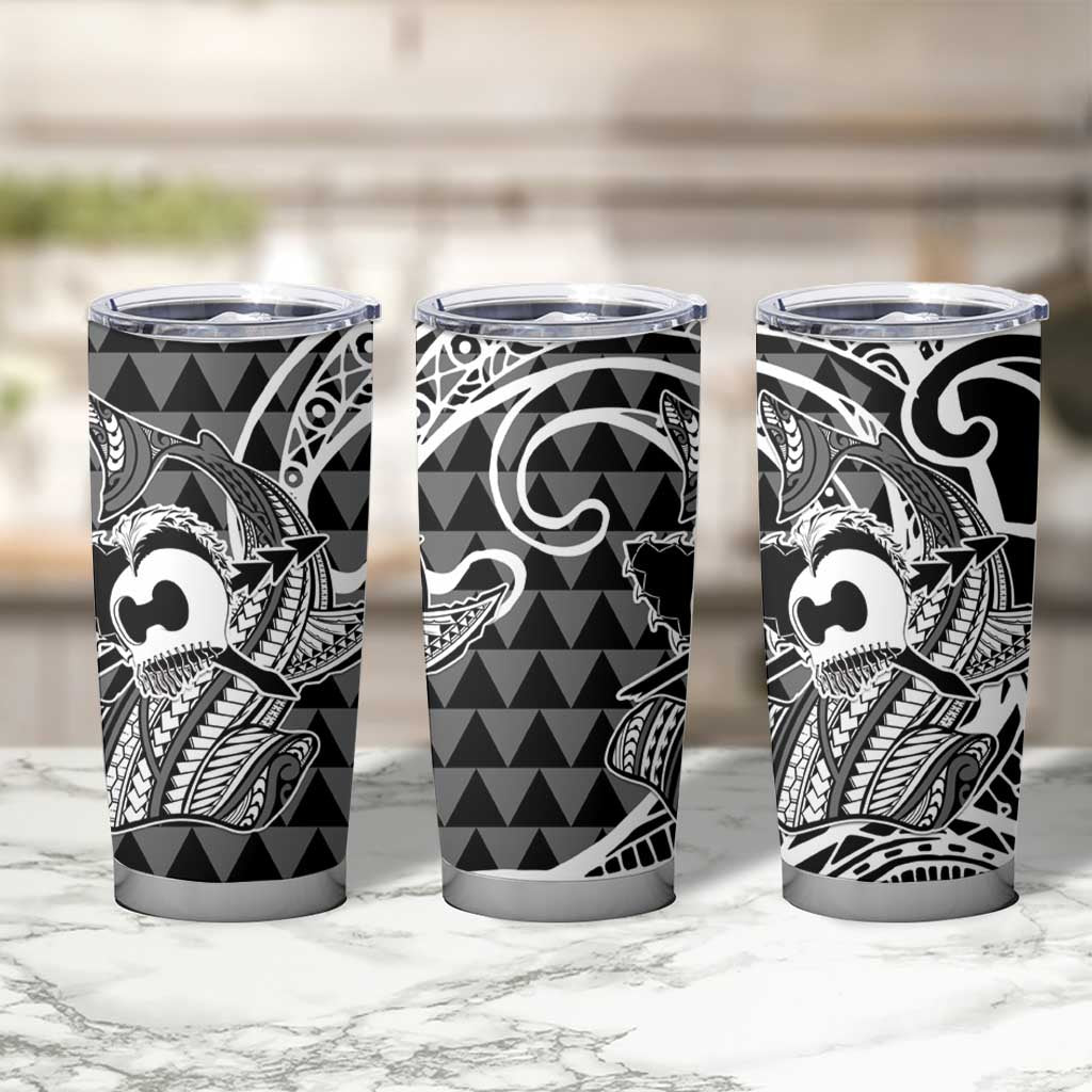 Koa Ikaika Warrior Helmet with Shark Tumbler Cup Black Kakau Style LT9 - Polynesian Pride