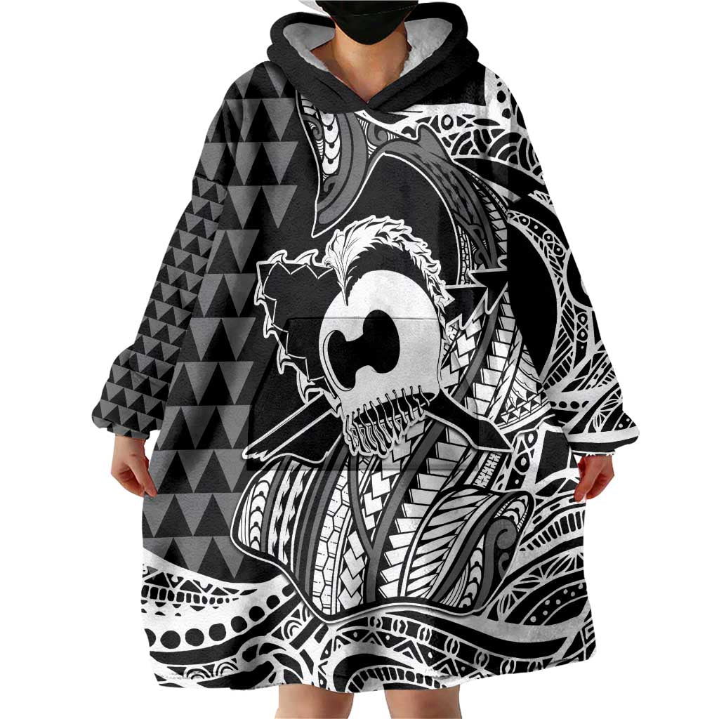 Koa Ikaika Warrior Helmet with Shark Wearable Blanket Hoodie Black Kakau Style LT9 - Polynesian Pride