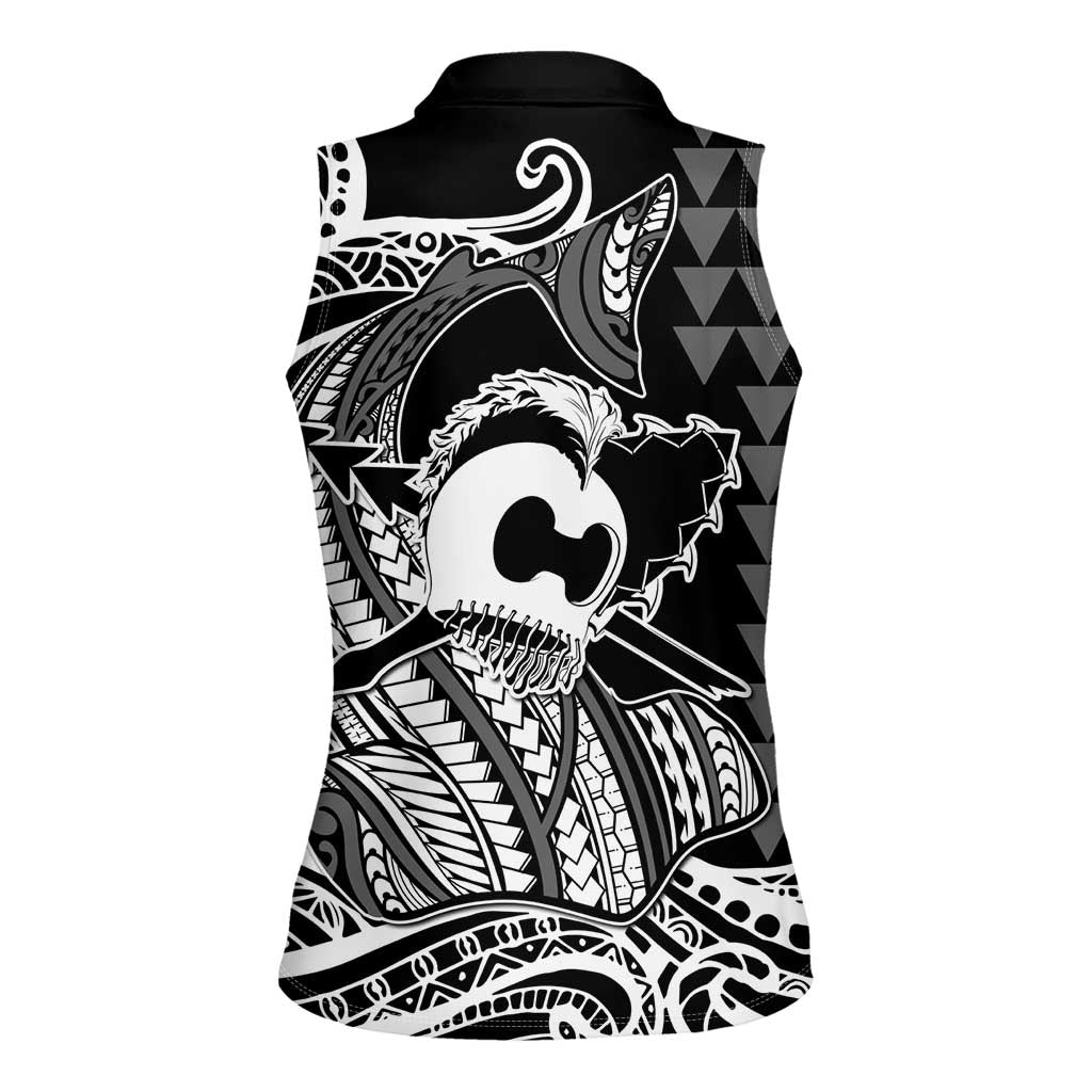 Koa Ikaika Warrior Helmet with Shark Women Sleeveless Polo Shirt Black Kakau Style