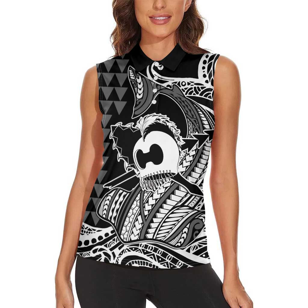 Koa Ikaika Warrior Helmet with Shark Women Sleeveless Polo Shirt Black Kakau Style