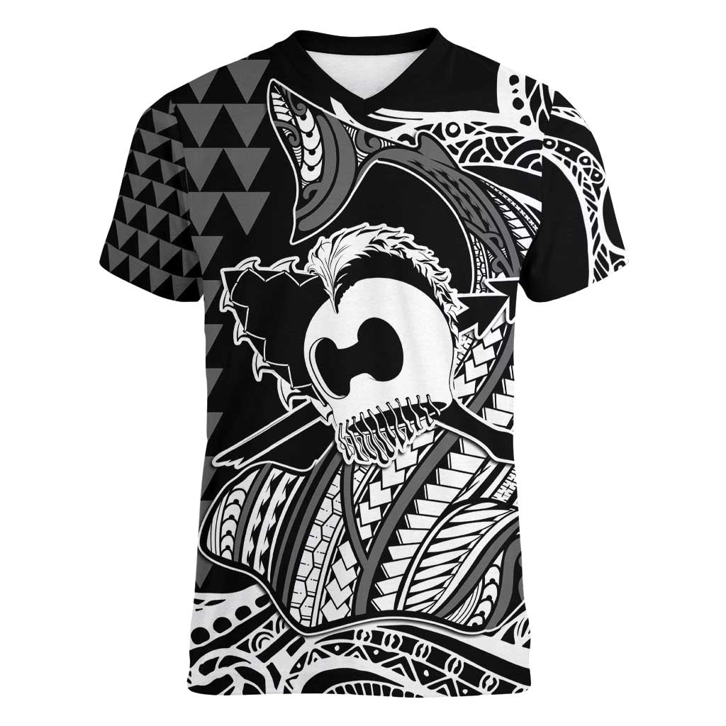 Koa Ikaika Warrior Helmet with Shark Women V-Neck T-Shirt Black Kakau Style LT9 Female Black - Polynesian Pride