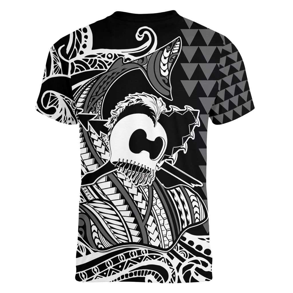 Koa Ikaika Warrior Helmet with Shark Women V-Neck T-Shirt Black Kakau Style LT9 - Polynesian Pride