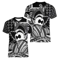 Koa Ikaika Warrior Helmet with Shark Women V-Neck T-Shirt Black Kakau Style LT9 - Polynesian Pride