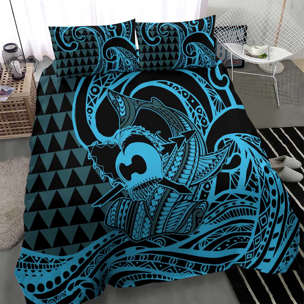 Koa Ikaika Warrior Helmet with Shark Bedding Set Blue Kakau Style