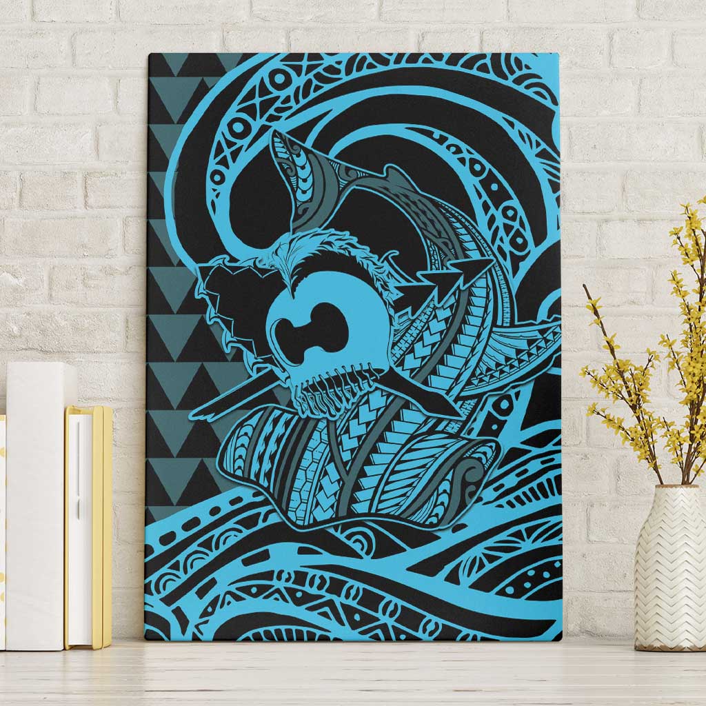 Koa Ikaika Warrior Helmet with Shark Canvas Wall Art Blue Kakau Style LT9 Without Frame Blue - Polynesian Pride