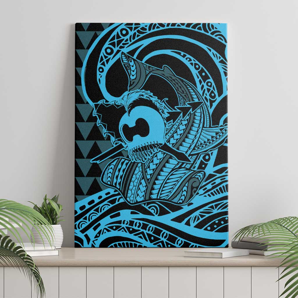 Koa Ikaika Warrior Helmet with Shark Canvas Wall Art Blue Kakau Style LT9 - Polynesian Pride