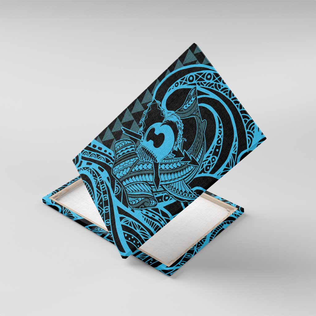 Koa Ikaika Warrior Helmet with Shark Canvas Wall Art Blue Kakau Style LT9 With Frame Blue - Polynesian Pride