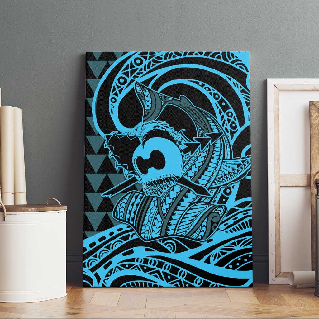 Koa Ikaika Warrior Helmet with Shark Canvas Wall Art Blue Kakau Style LT9 - Polynesian Pride