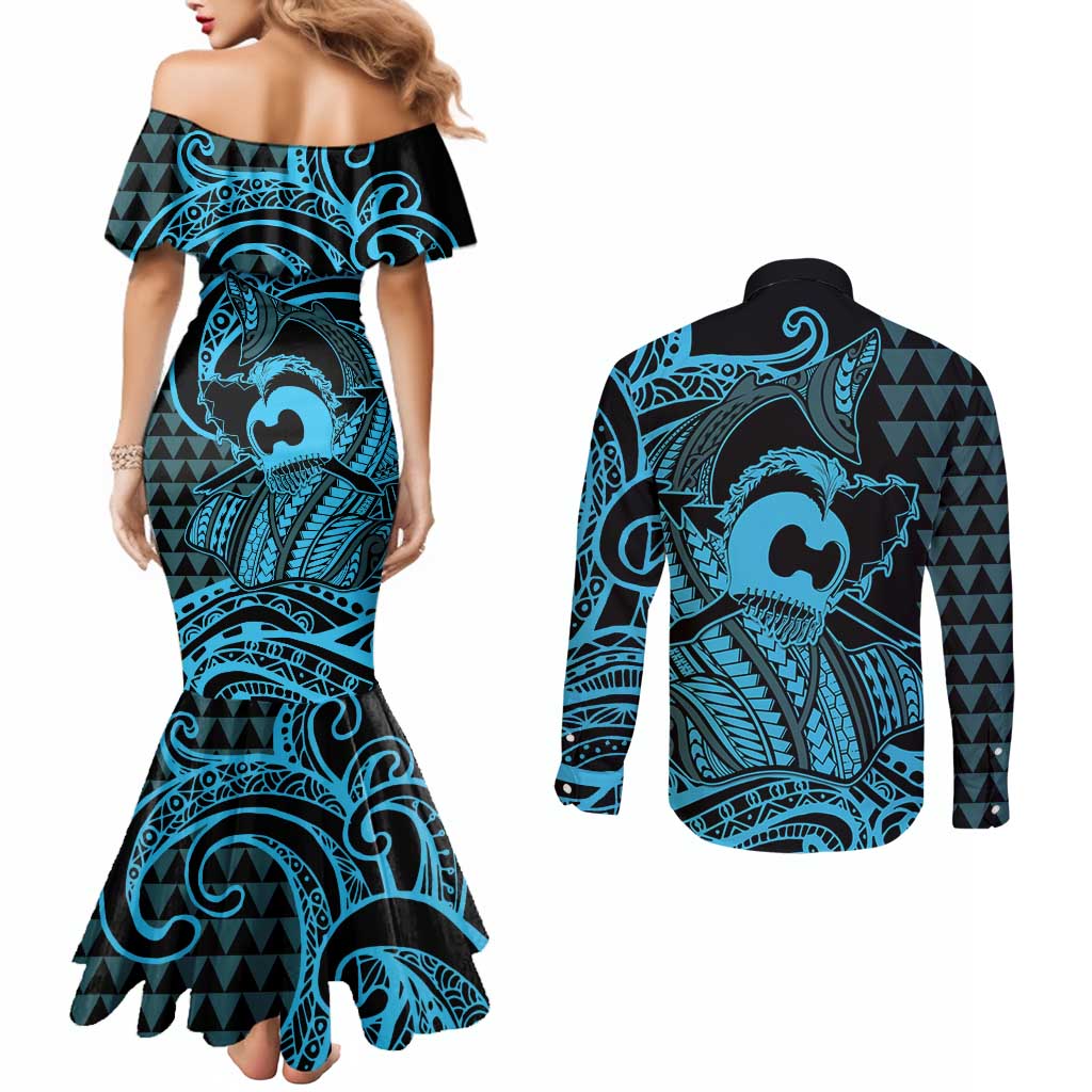 Koa Ikaika Warrior Helmet with Shark Couples Matching Mermaid Dress and Long Sleeve Button Shirt Blue Kakau Style LT9 - Polynesian Pride