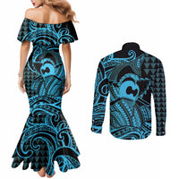 Koa Ikaika Warrior Helmet with Shark Couples Matching Mermaid Dress and Long Sleeve Button Shirt Blue Kakau Style LT9 - Polynesian Pride
