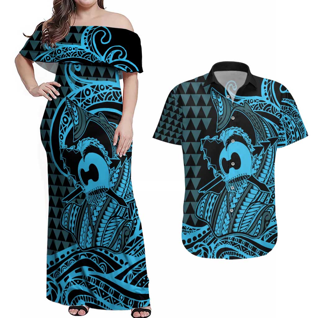 Koa Ikaika Warrior Helmet with Shark Couples Matching Off Shoulder Maxi Dress and Hawaiian Shirt Blue Kakau Style