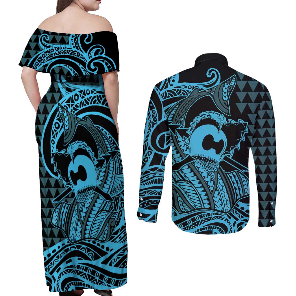 Koa Ikaika Warrior Helmet with Shark Couples Matching Off Shoulder Maxi Dress and Long Sleeve Button Shirt Blue Kakau Style LT9 - Polynesian Pride