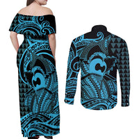 Koa Ikaika Warrior Helmet with Shark Couples Matching Off Shoulder Maxi Dress and Long Sleeve Button Shirt Blue Kakau Style LT9 - Polynesian Pride