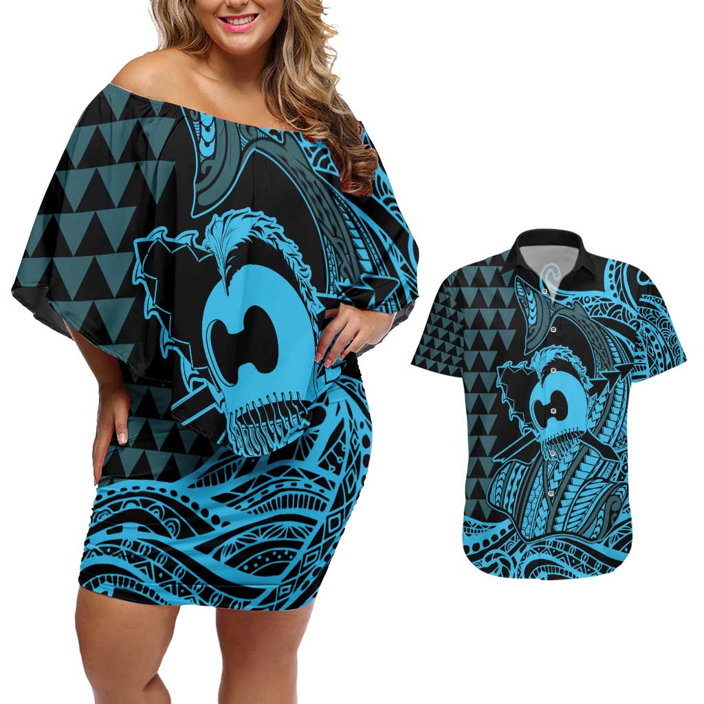 Koa Ikaika Warrior Helmet with Shark Couples Matching Off Shoulder Short Dress and Hawaiian Shirt Blue Kakau Style