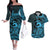 Koa Ikaika Warrior Helmet with Shark Couples Matching Off The Shoulder Long Sleeve Dress and Hawaiian Shirt Blue Kakau Style