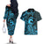 Koa Ikaika Warrior Helmet with Shark Couples Matching Off The Shoulder Long Sleeve Dress and Hawaiian Shirt Blue Kakau Style