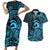 Koa Ikaika Warrior Helmet with Shark Couples Matching Short Sleeve Bodycon Dress and Hawaiian Shirt Blue Kakau Style