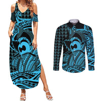 Koa Ikaika Warrior Helmet with Shark Couples Matching Summer Maxi Dress and Long Sleeve Button Shirt Blue Kakau Style LT9 Blue - Polynesian Pride