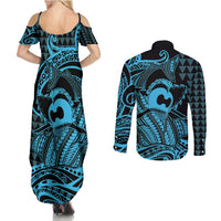 Koa Ikaika Warrior Helmet with Shark Couples Matching Summer Maxi Dress and Long Sleeve Button Shirt Blue Kakau Style LT9 - Polynesian Pride
