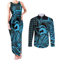 Koa Ikaika Warrior Helmet with Shark Couples Matching Tank Maxi Dress and Long Sleeve Button Shirt Blue Kakau Style LT9 Blue - Polynesian Pride